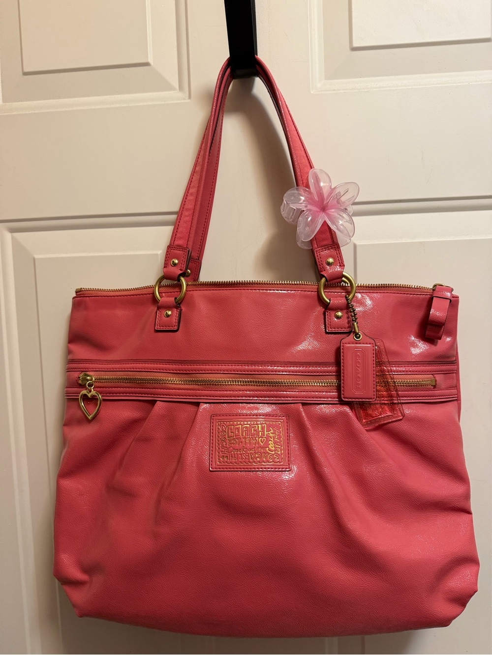 Coach Coral Pink Leather Tote with Gold Hardware Accents